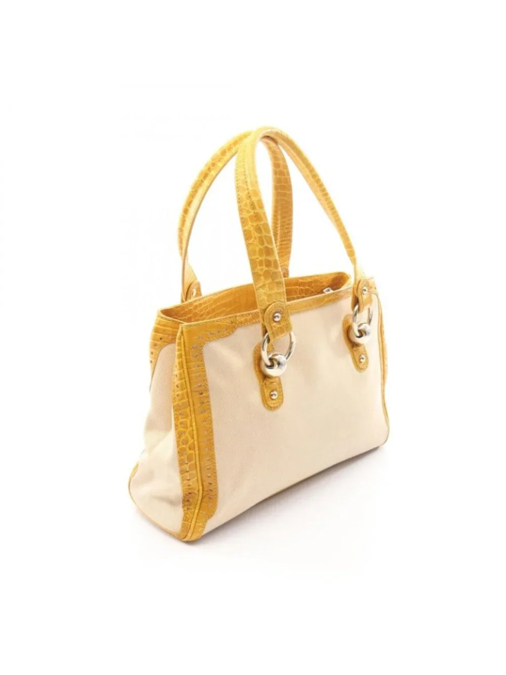 Celine Tote Croco Embossed Natural Yellow Canvas Leather